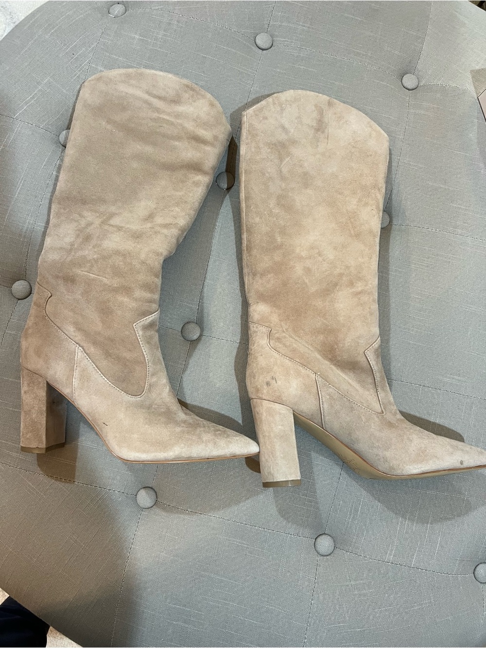 MARC FISHER Women's Beige Suede Mid-Calf Block Heel Boots SIZE 7.5M